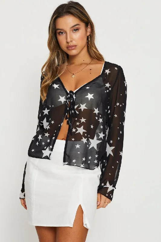 Print Sheer Top Long Sleeve French