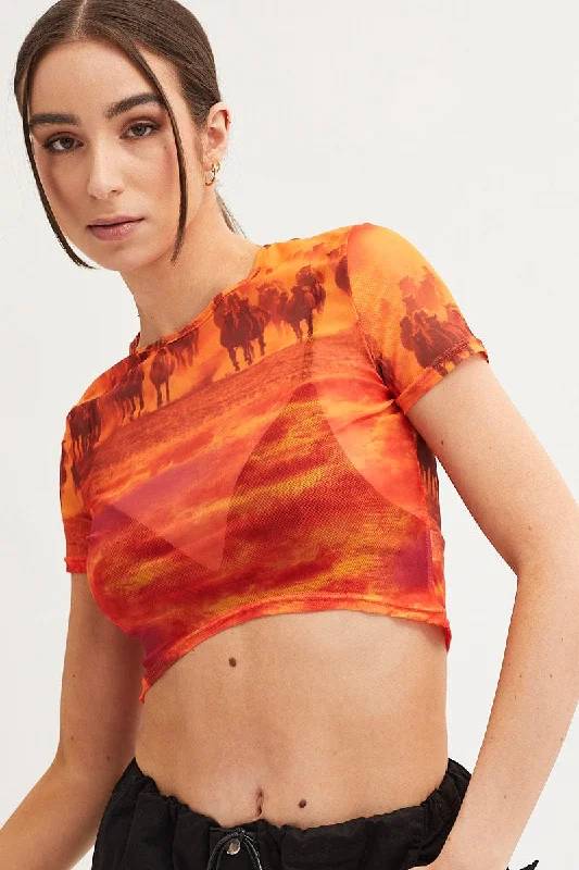 Orange Abstract Landscape Print Mesh Short Sleeve Top Monochromatic All - in - one