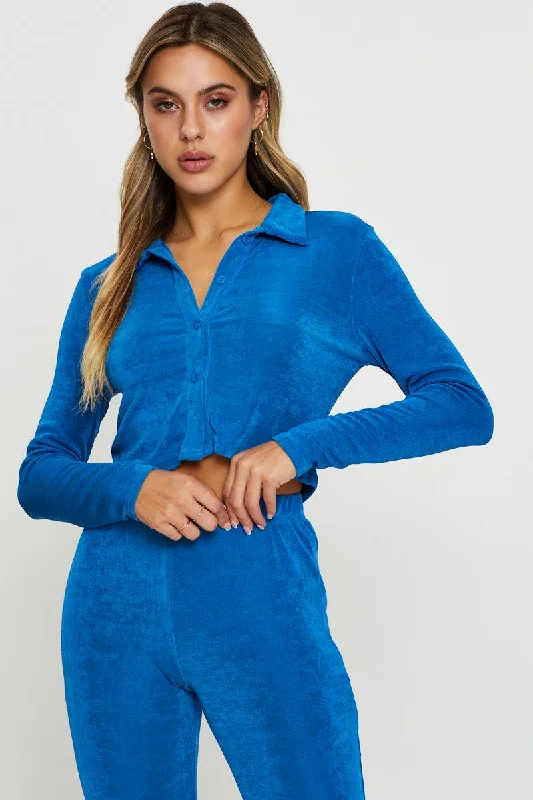 Blue Slinky Top Long Sleeve Collared garde
