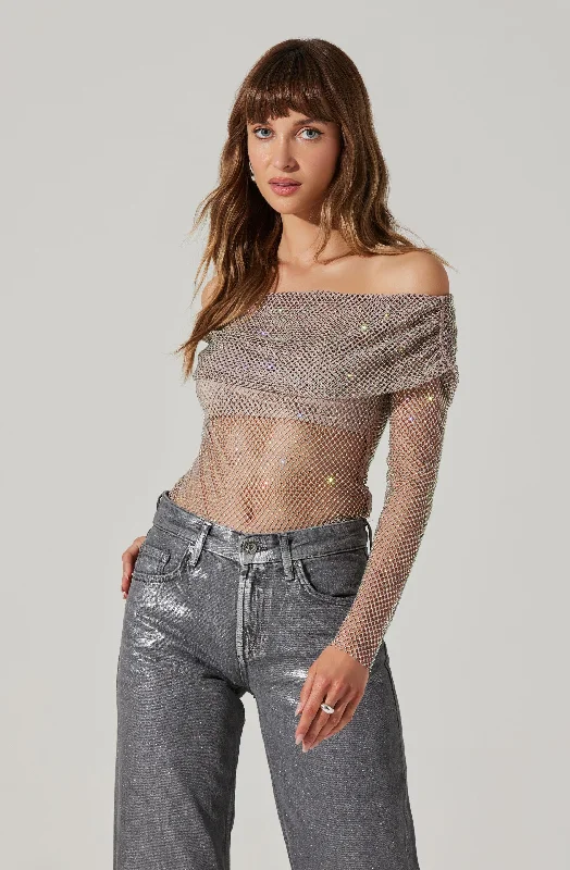 Diamante Rhinestone Mesh Off Shoulder Top Refined Women's Classic 