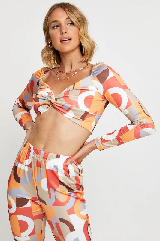 Print Crop Top Long Sleeve Refined Women's Velvet