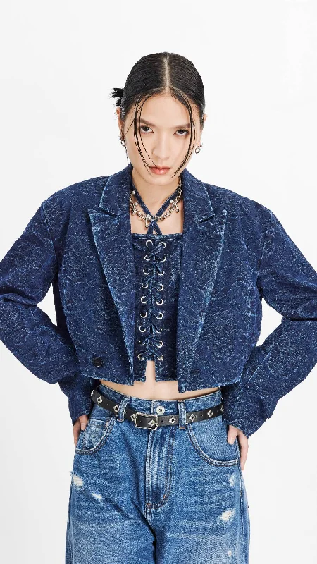Cropped Jacquard Denim Blazer Casual Women's Japanese 