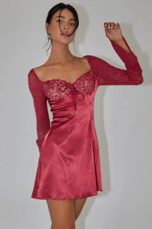 Ti Amo Lace Bust Long Sleeve Mini Dress Wine Dynamic Women's High - energy