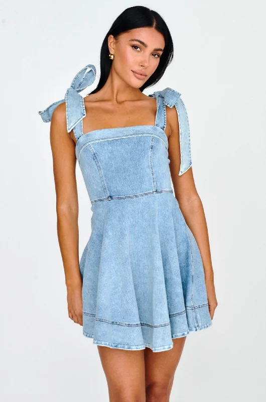 Jeanie Bow Shoulder Mini Dress Denim Disco