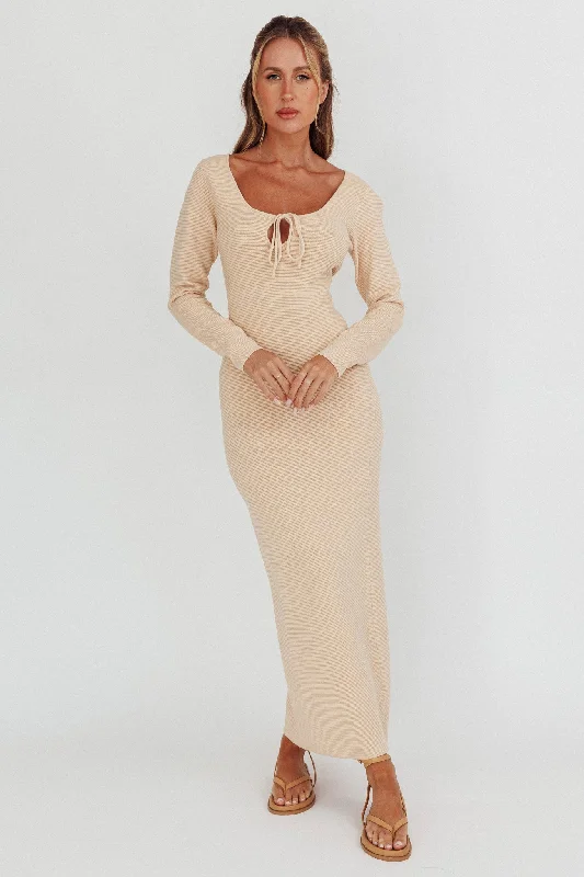 Merine Long Sleeve Knit Maxi Dress Sand Elegant Women's 