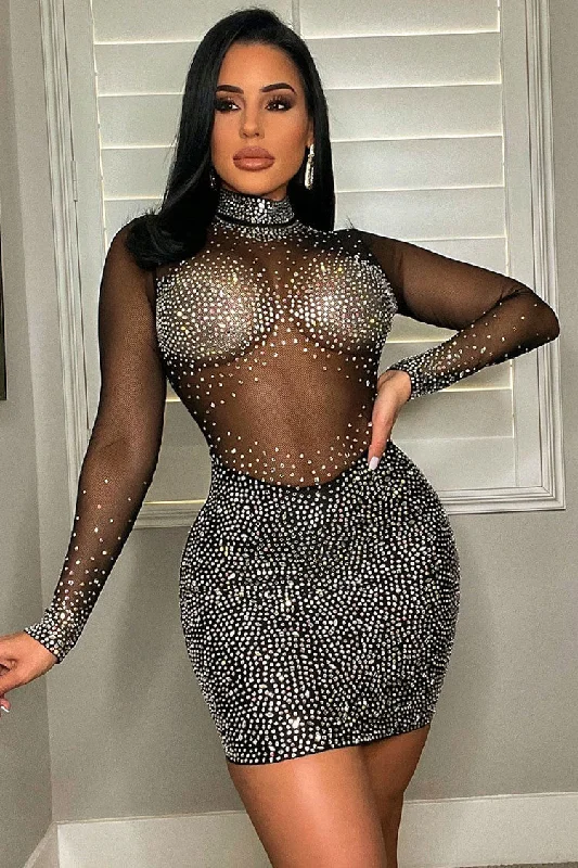 Sparkly Rhinestone High Neck Long Sleeve Mesh Panel Party Mini Dress - Black Disco