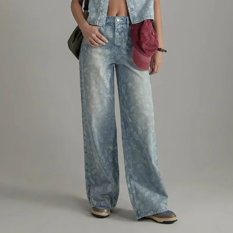 Logo Paisley Washed Wide Denim Jeans Dynamic Women's Moto
