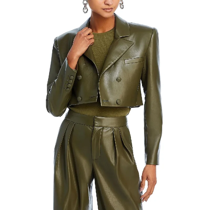 Alice and Olivia Womens Faux Leather Cropped Double-Breasted Blazer Artistic Women's Hand - painted