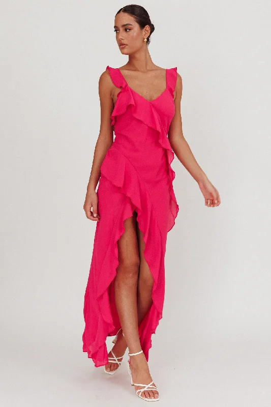 Joyride Ruffle Maxi Dress Magenta Artistic Women's Hand - painted