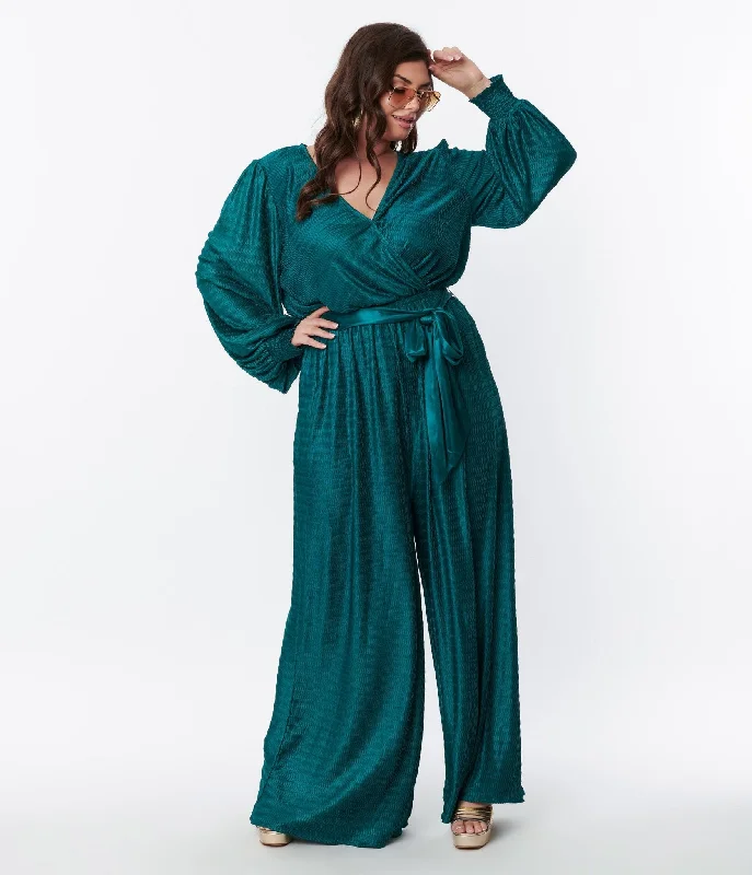 Teal Satin Textured Jumpsuit Cool Women's Distressed