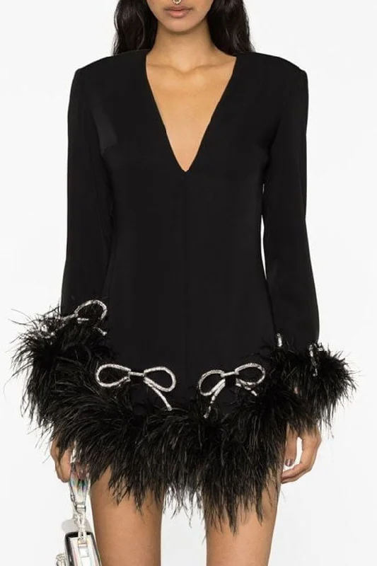 Sparkly Rhinestone Bow V Neck Fuzzy Feather Trim Mini Party Dress - Black Casual Women's Loose - fitting