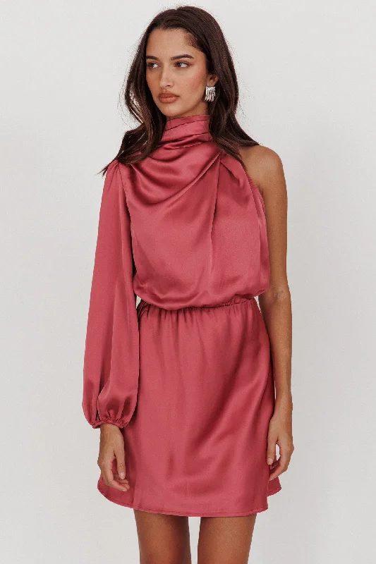 Can't Compete One Sleeve Satin Mini Dress Dusty Pink Cozy Women's Sherpa - lined