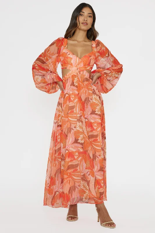 Maura Long Sleeve Lace-Up Back Dress Floral Orange Vacation