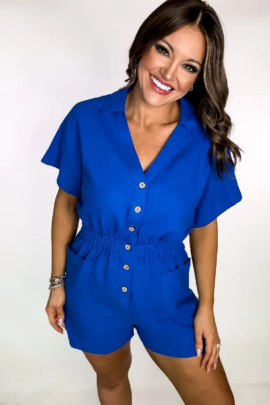The Simple Life Cobalt Linen Button Down Romper Hip Women's Urban