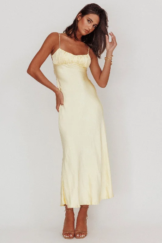 Nerida Twist Back Satin Maxi Dress Lemon Stylish Women's Tropical 