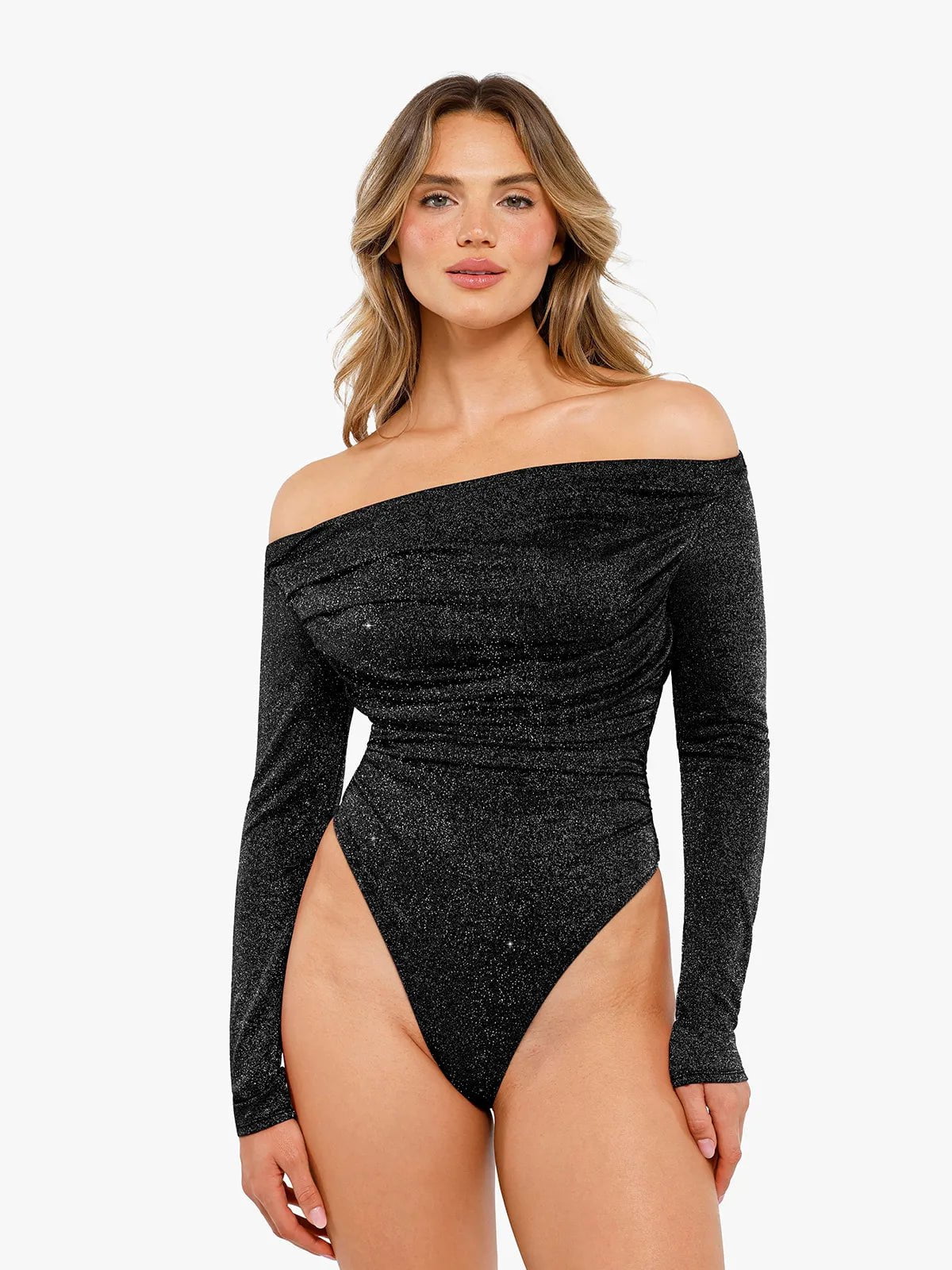 Shapewear Metallic Knit Long Sleeve Slimming Bodysuit Feminine Women's Soft 
