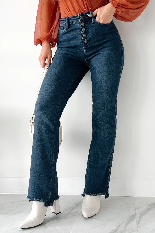 Otis Judy Blue Button Fly Distressed Hem Straight Leg Jeans (Dark) Dynamic Women's Moto