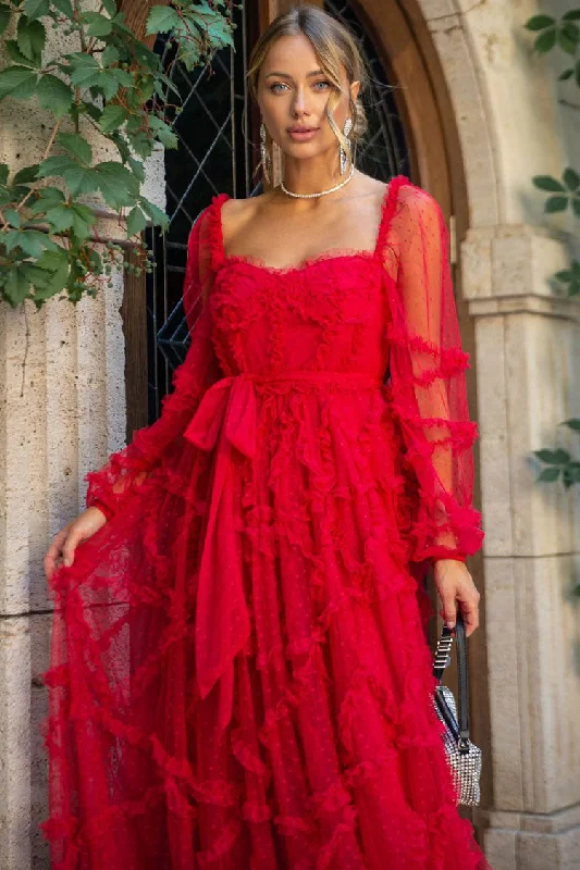 Fairytale Sweetheart Belted Dotted Tulle Layered Ruffle Maxi Gown Dress - Red Feminine Women's Soft Fairytale Sweetheart Belted Dotted Tulle Layered Ruffle Maxi Gown Dress - Red Feminine Women's Soft