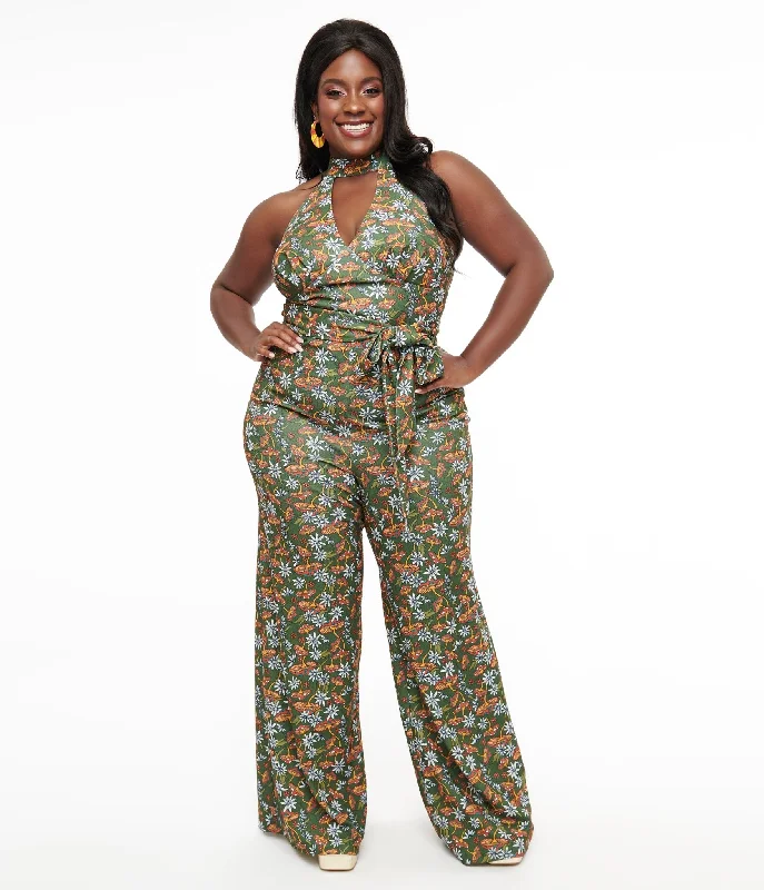 Smak Parlour Plus Size 1960s Green & Orange Mushroom Glamour Goddess Jumpsuit Compression