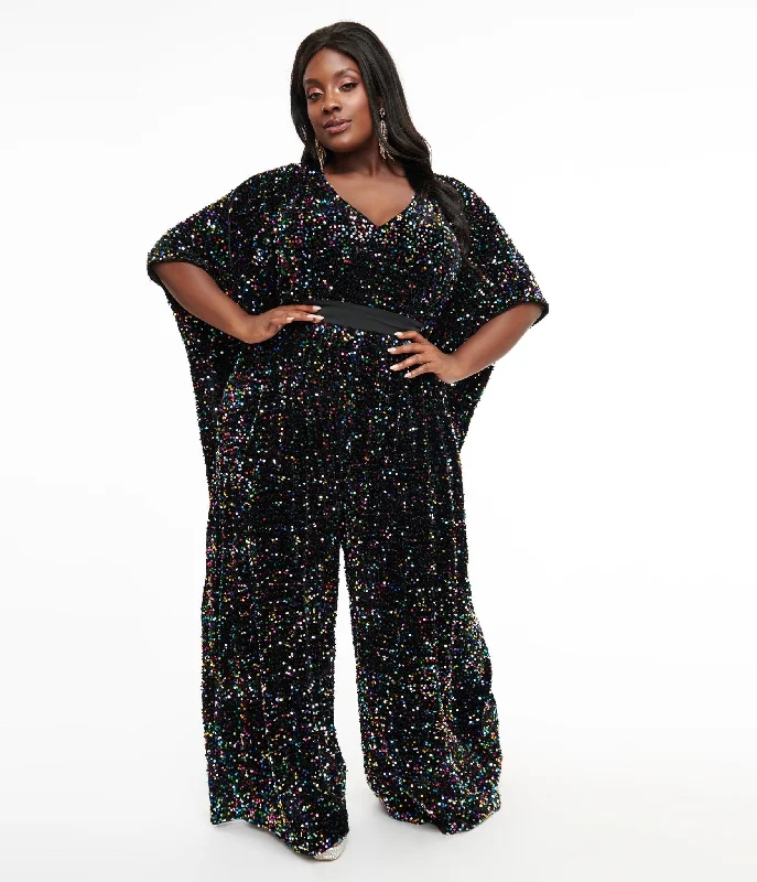 Unique Vintage Plus Size 1970s Black Iridescent Sequin Caftan Jumpsuit British Gentlewoman Style