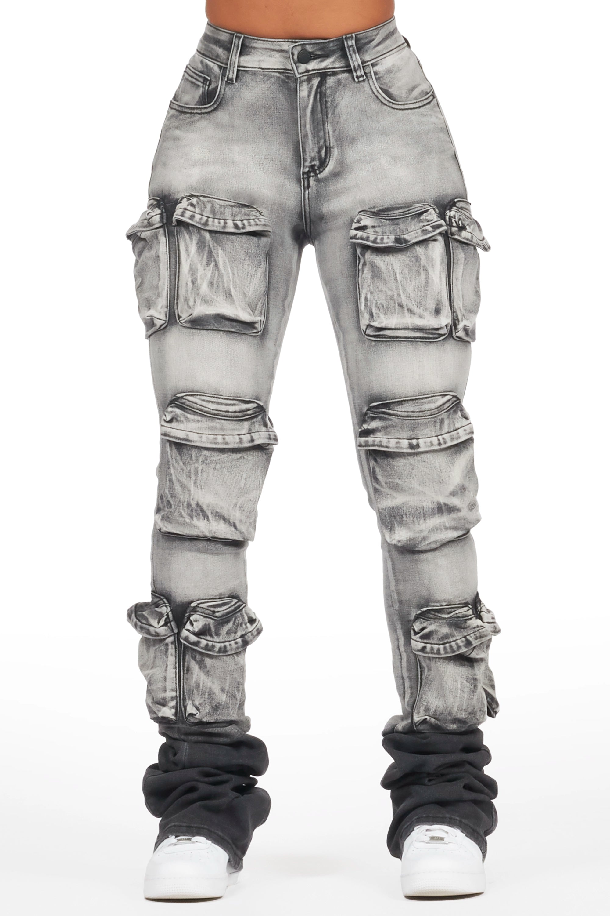 Alliyah Grey Wash Cargo Super Stacked Jean Vintage Women's 1970S 