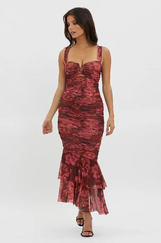 Nadia Ruched Fishtail Midi Dress Floral Wine Australian Beach