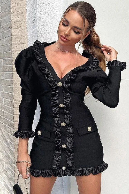 Silky Satin Pleated Trim Long Sleeve Bodycon Bandage Mini Dress - Black Gym