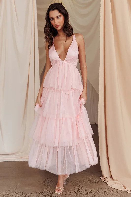 Auguste Tiered Frill Midi Dress Blush Hip Women's Retro