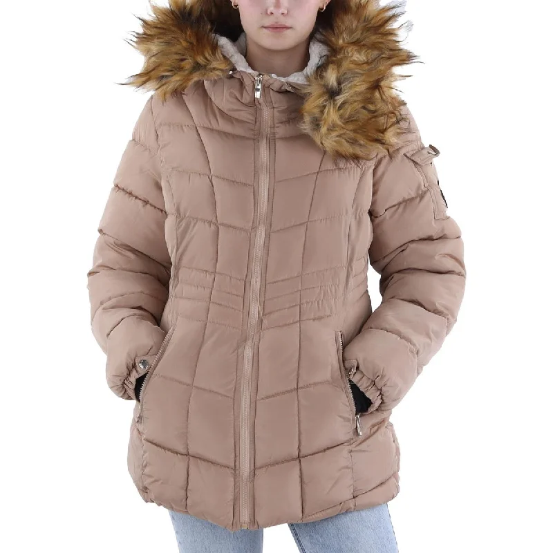 Steve Madden Womens Faux Fur Trim Quilted Puffer Jacket Sophisticated Women's Tailored