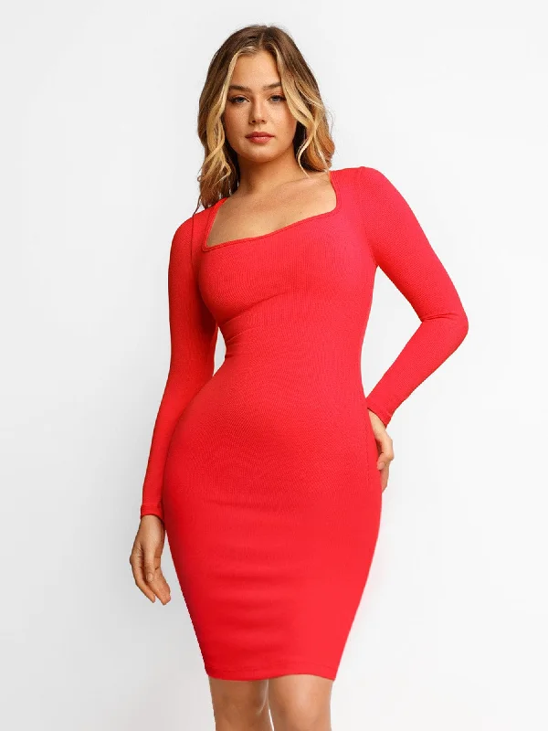 Shapewear Long Sleeve Square Neck Modal Slimming Midi Dress Confident Women's High - fashion