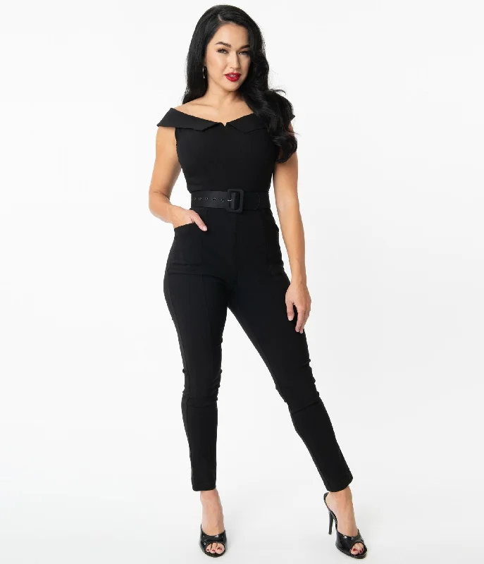 Unique Vintage Black Off Shoulder Gillian Jumpsuit Bold Women's Animal Print