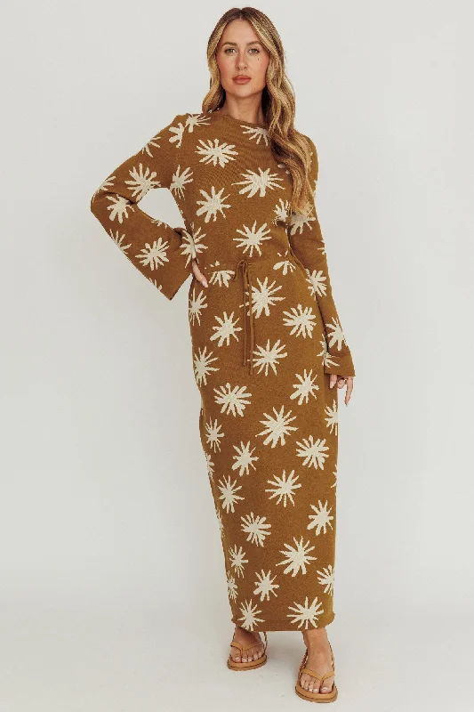Orleans Star Print Knit Maxi Dress Olive Vintage Women's 1970S 