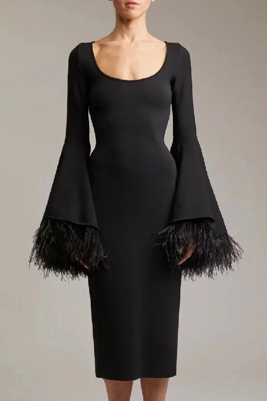 Luxury Scoop Neck Feather Cuff Long Sleeve Bandage Cocktail Midi Dress - Black Elegant Women's 