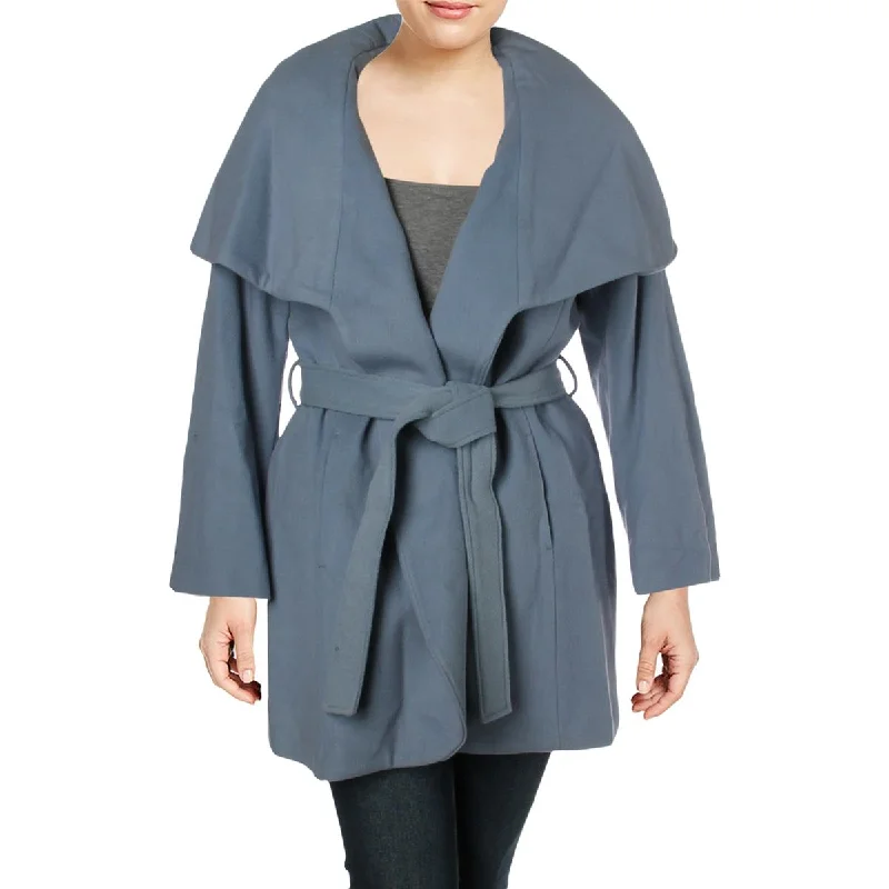 Tahari Marla Women’s Plus Size Oversized Collar Warm Wool Blend Wrap Coat Monochromatic Office Style