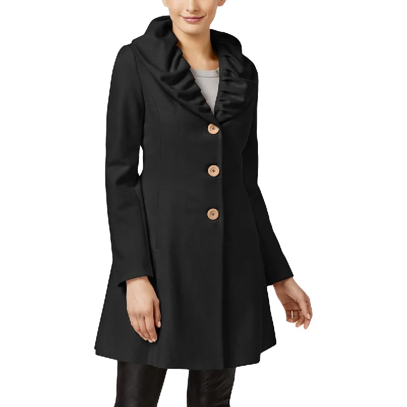 T Tahari Womens Abigail Wool Ruffled Collar Pea Coat Dapper Women's Bow - adorned