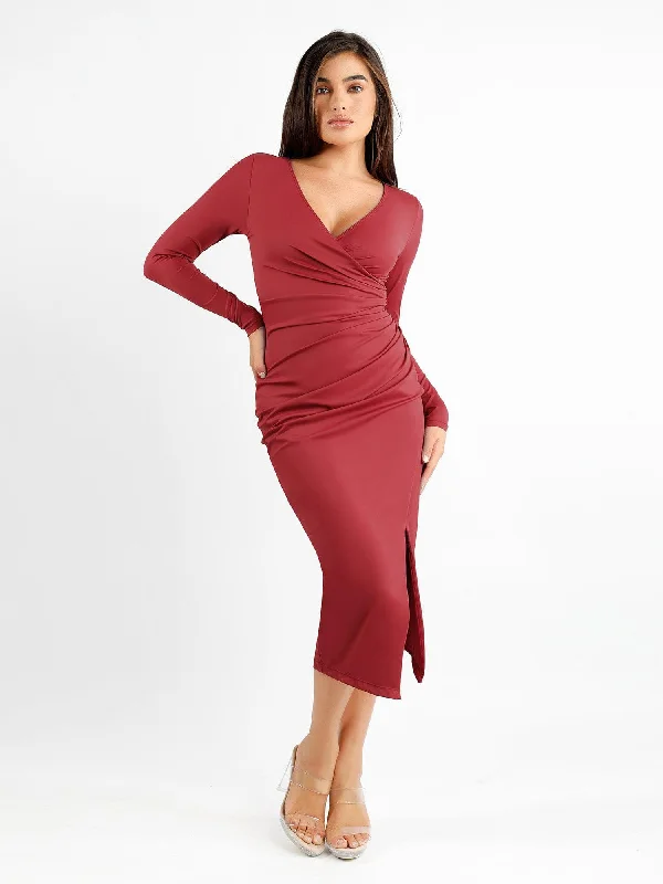 Shapewear Ruched Long Sleeve Faux Wrap Slimming Midi Dress Modern Women's Tech