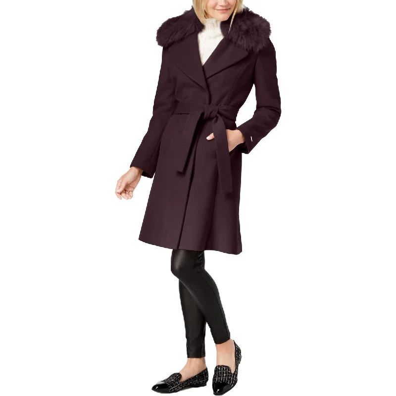 Tahari Fiona Women’s Faux Fur Collar Wool Blend Wrap Coat Earthy Women's 