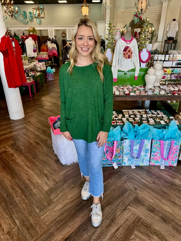 Cozy Soft Pocket Sweater: Dk Green Disco