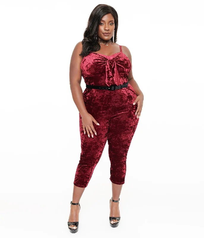 Unique Vintage Plus Size 1950s Burgundy Crushed Velvet Cropped Jumpsuit Cashmere