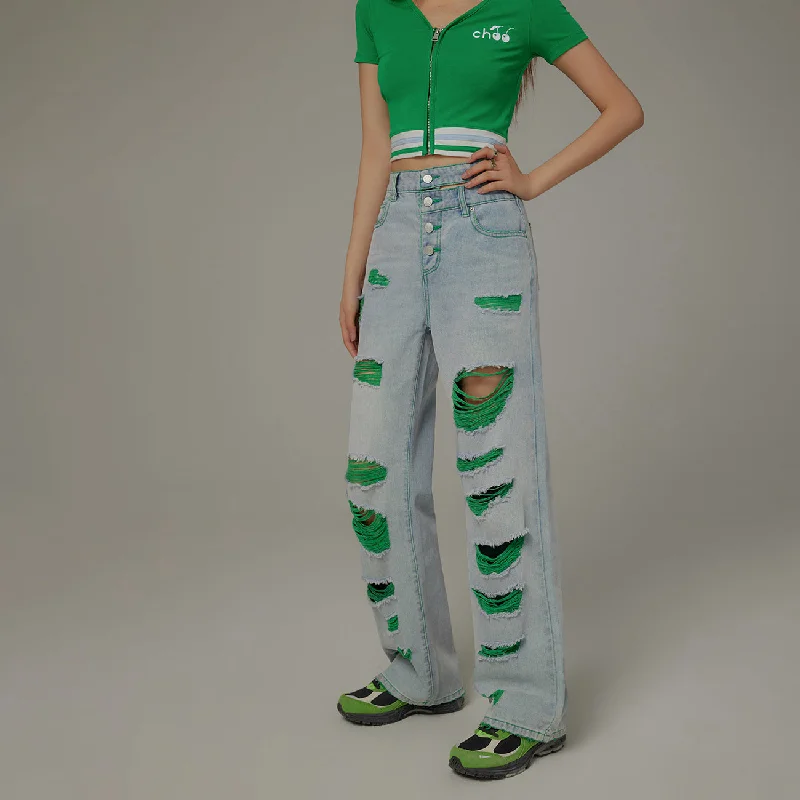Distressed Ripped Color Multi Buttons Denim Jeans performance