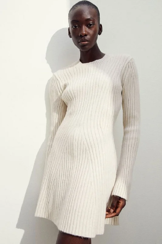 Simple Ribbed Knit Crew Neck Long Sleeve Winter Sweater Mini Dress - Off White Cozy Women's Sherpa - lined Simple Ribbed Knit Crew Neck Long Sleeve Winter Sweater Mini Dress - Off White Cozy Women's Sherpa - lined