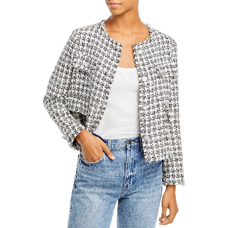 Aqua Womens Raw Hem Button Up Collarless Blazer Cashmere