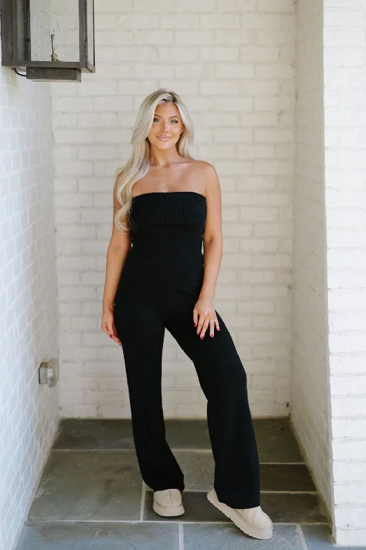 Foldover Bandeau Knit Jumpsuit-Black Youthful Women's Anime - inspired