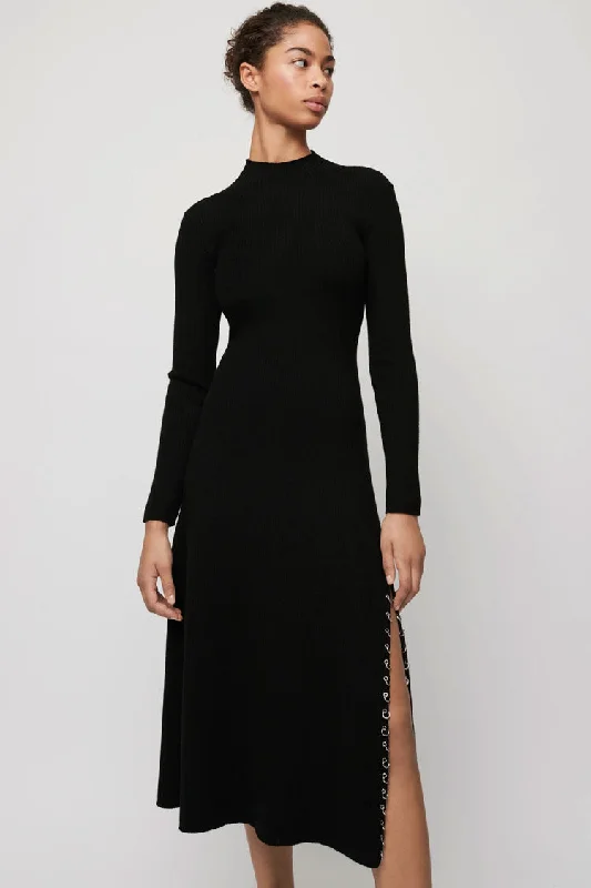 Long Sleeve High Neck High Slit Cashmere Sweater Midi Dress - Black Sophisticated Women's 