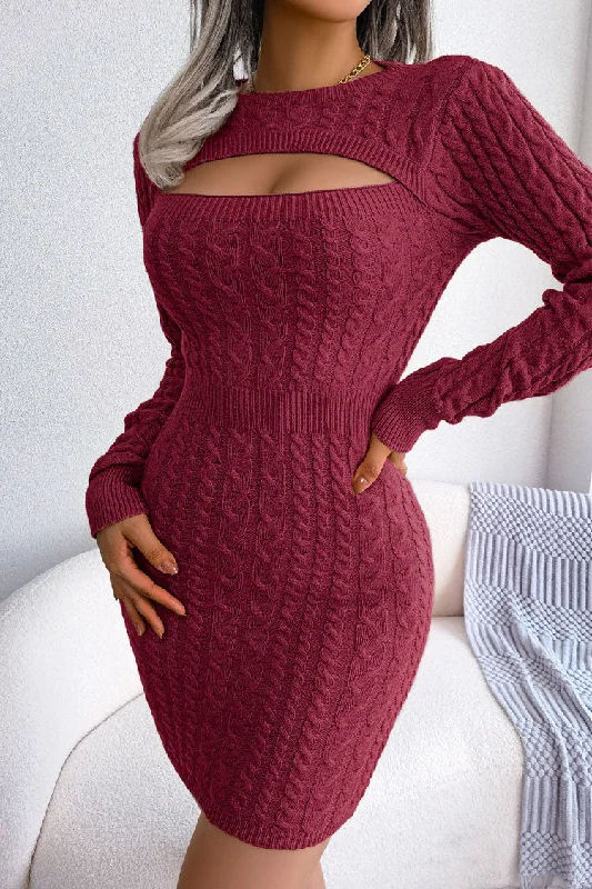 Sexy Cutout Fisherman Cable Knit Bodycon Sweater Mini Dress - Burgundy Athletic Women's High - 