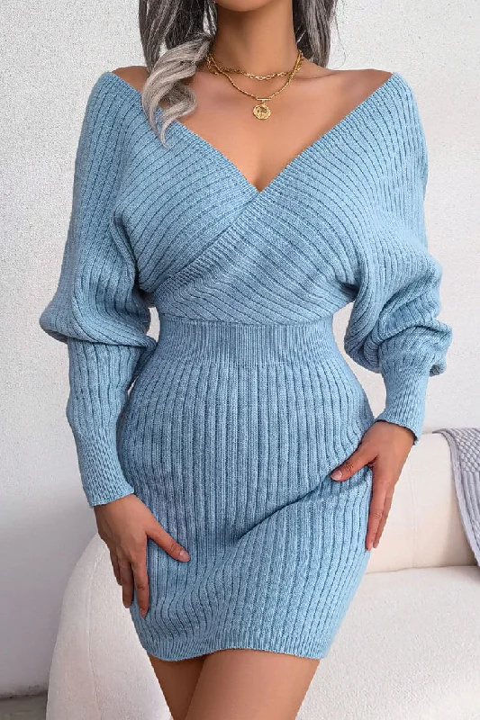 Sexy Winter Wrap V Neck Rib Knit Sweater Mini Dress - Blue Modern Women's 