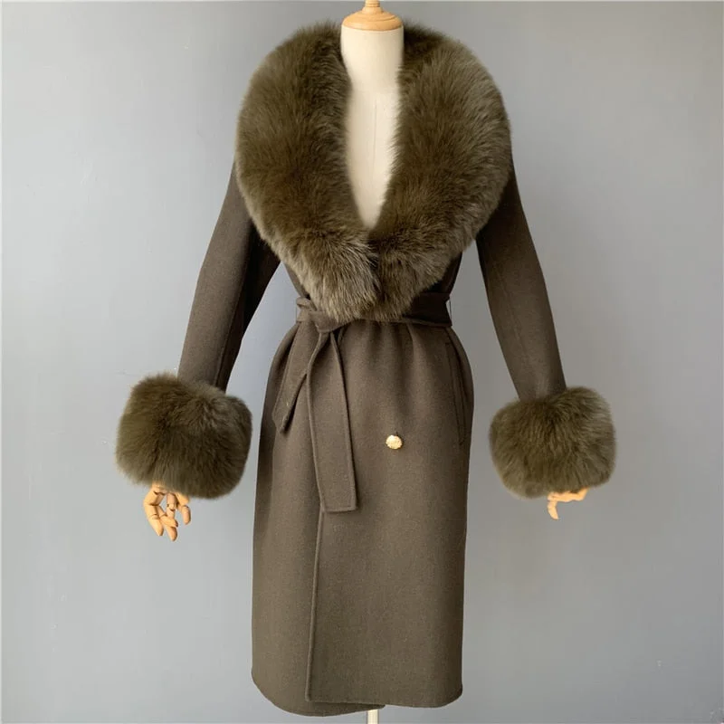 Women's Army Green Real Fox Fur Collar Cashmere Wool Blends Winter Jacket Sleek Women's Metallic