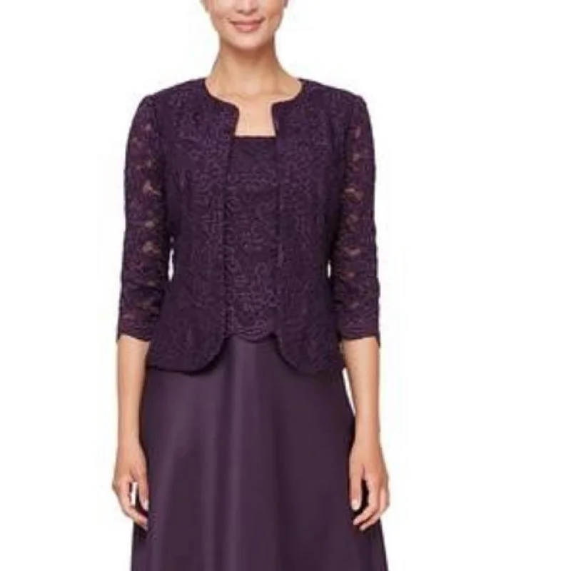 Alex Evenings Womens Lace Glitter Collarless Blazer Compression