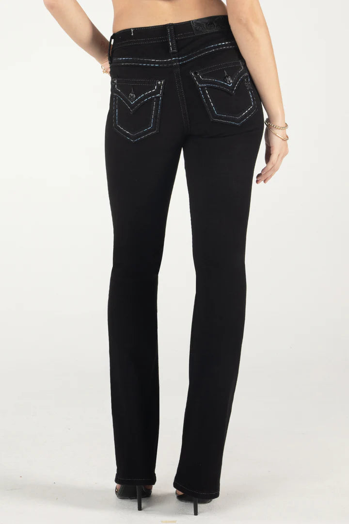 Miss Me Women's Mid Rise Boot Cut Jean, Black Hip Women's Urban