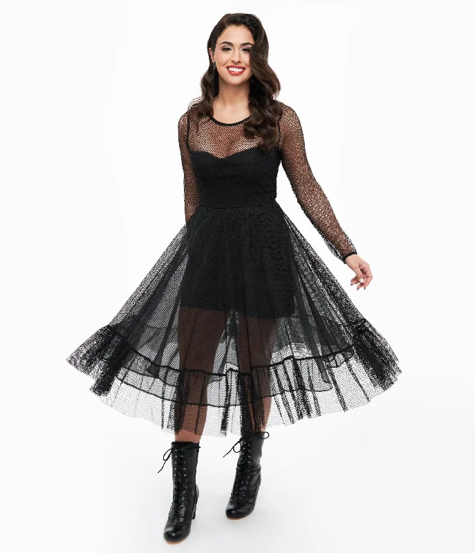 Black Fishnet Ruffle Dress & Built-in Romper Artistic Women's Hand - painted
